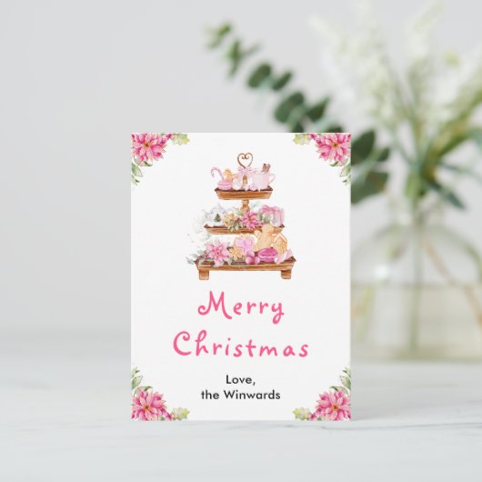 Vakantie Cookies en Cacao Roze Vrolijk kerstfeest Feestdagenkaart (Staand voorkant)