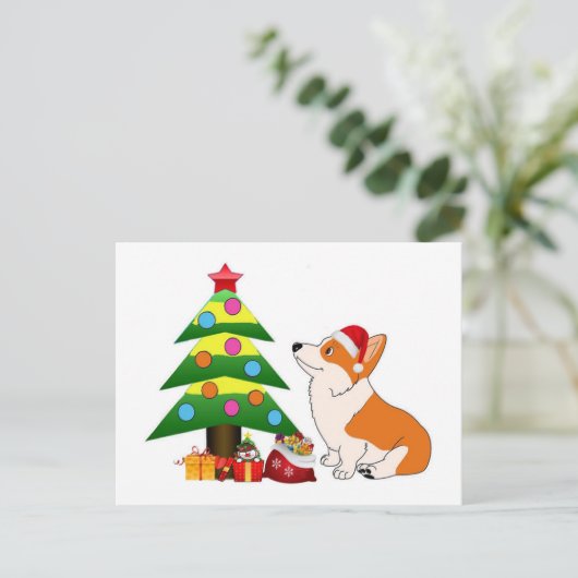 Vakantie Corgi Cartoon met Boom Feestdagenkaart (Staand voorkant)