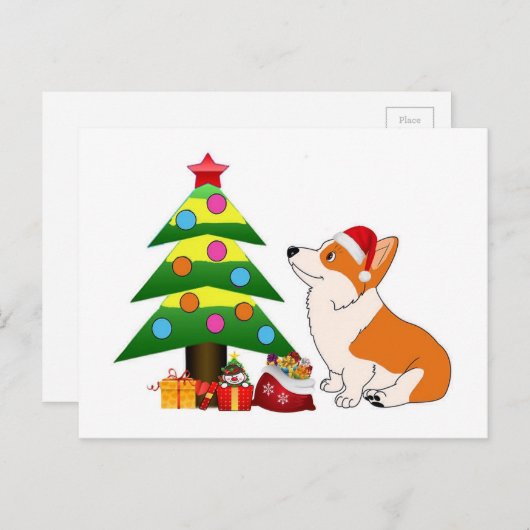 Vakantie Corgi Cartoon met Boom Feestdagenkaart (Voorkant / Achterkant)