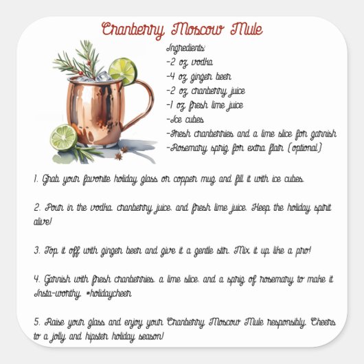 Vakantie Cranberry Moscow Mule Cocktail Recept Vierkante Sticker (Voorkant)