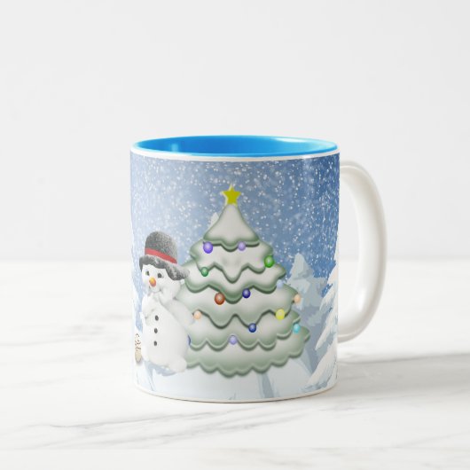 Vakantie | Cute snowman chocolade woodland sneeuw Tweekleurige Koffiemok (Voorkant rechts)