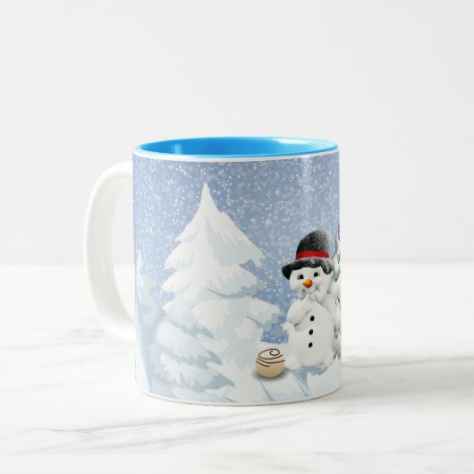 Vakantie | Cute snowman chocolade woodland sneeuw Tweekleurige Koffiemok (Voorkant links)