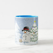 Vakantie | Cute snowman chocolade woodland sneeuw Tweekleurige Koffiemok (Center)