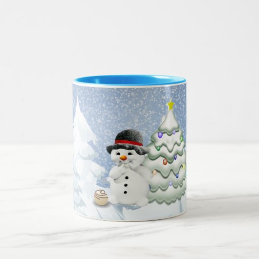 Vakantie | Cute snowman chocolade woodland sneeuw Tweekleurige Koffiemok (Center)