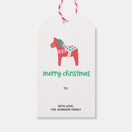 Vakantie Dala Zweeds Paard Vrolijk Kerstfeest Cadeaulabel (Voorkant)