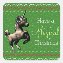 Vakantie Eenhoorn "Magische Kerst" (Groen) Vierkante Sticker