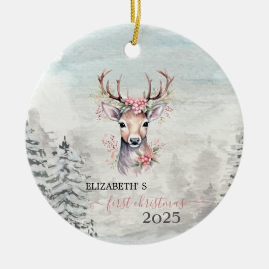 Vakantie Eerste Kerst Baby Rendier Holly Berry Keramisch Ornament (Voorkant)