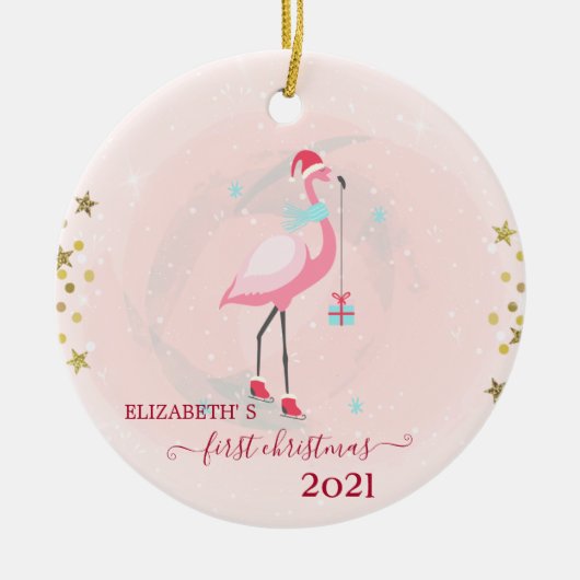 Vakantie eerste kerstdag roze flamingo Santa Hat Keramisch Ornament (Voorkant)