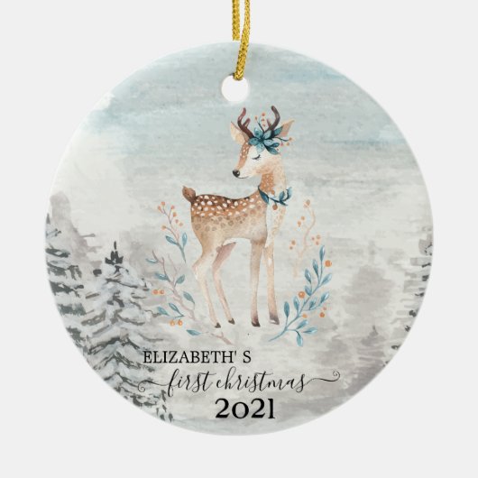 Vakantie eerste kerstfeest Baby rendierziekte Keramisch Ornament (Voorkant)