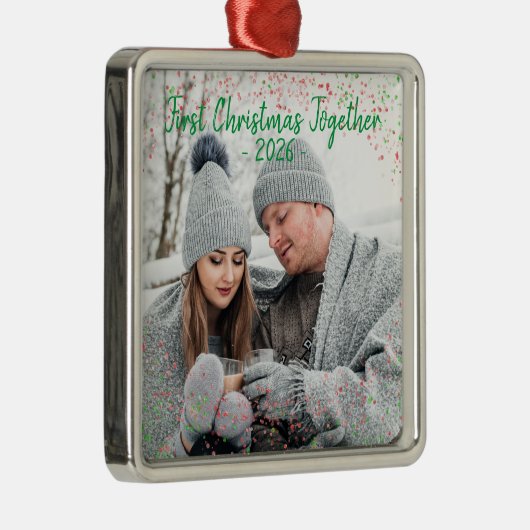 Vakantie eerste kerstfoto Glitter Script Metal Metalen Ornament (Rechts)