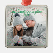 Vakantie eerste kerstfoto Glitter Script Metal Metalen Ornament (Voorkant)