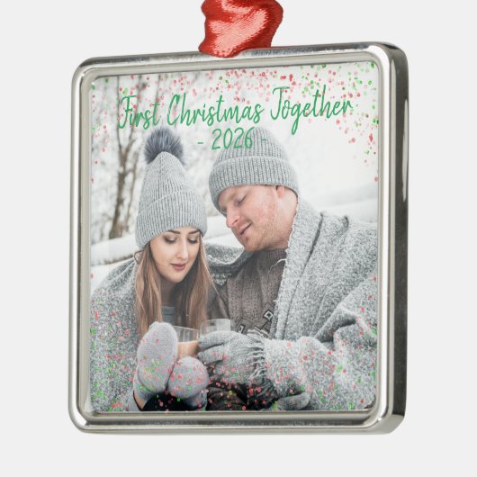 Vakantie eerste kerstfoto Glitter Script Metal Metalen Ornament (Links)