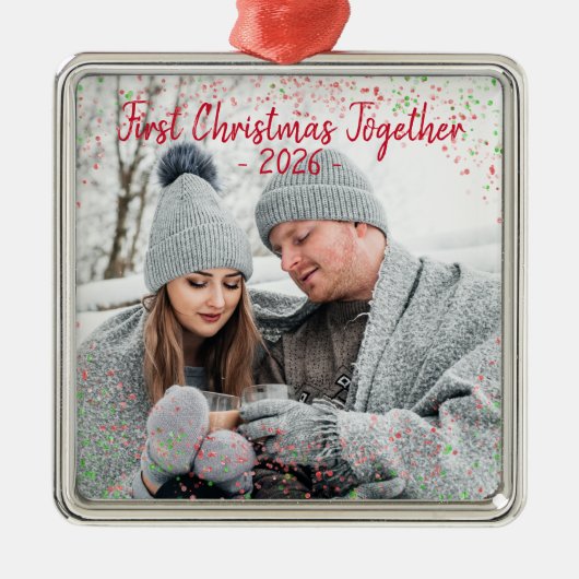 Vakantie eerste kerstfoto Glitter Script Metalen Ornament (Voorkant)