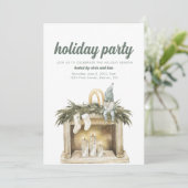 Vakantie feest met open haard met Elf uitnodiging (Staand voorkant)