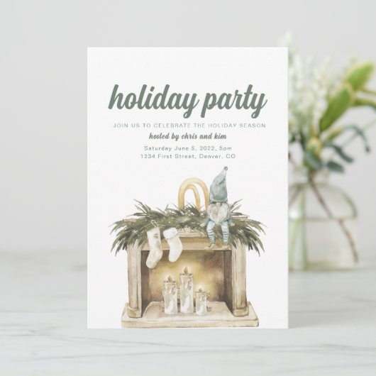 Vakantie feest met open haard met Elf uitnodiging (Staand voorkant)