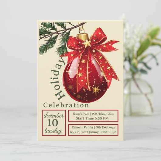 Vakantie Feest Rood Ornament met Schattigee strik Kaart (Staand voorkant)