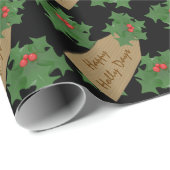 Vakantie Feestelijke Holly Berry Custom Black Chri Cadeaupapier (Rol Hoek)