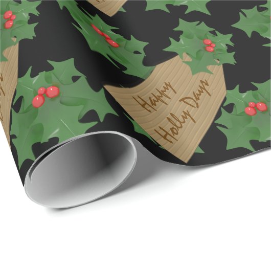 Vakantie Feestelijke Holly Berry Custom Black Chri Cadeaupapier (Rol Hoek)
