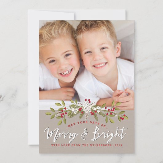 Vakantie Garland Merry & Bright Twee Fotokaart Feestdagenkaart (Voorkant)