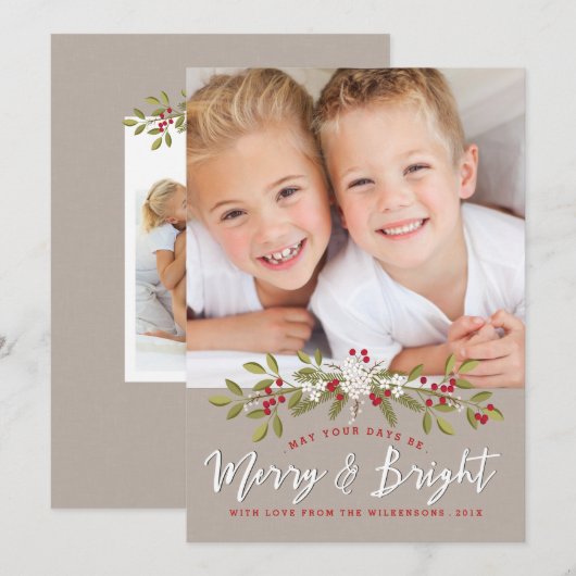 Vakantie Garland Merry & Bright Twee Fotokaart Feestdagenkaart (Voorkant / Achterkant)