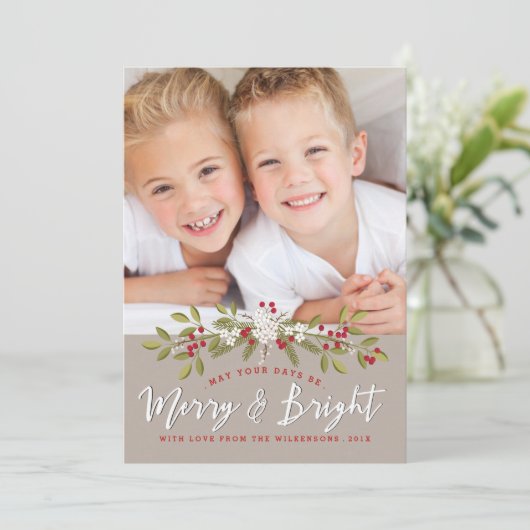 Vakantie Garland Merry & Bright Twee Fotokaart Feestdagenkaart (Staand voorkant)