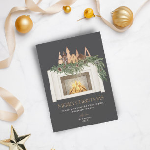 Vakantie Geen Foto Waterverf Open haard Scandi Tre Feestdagenkaart