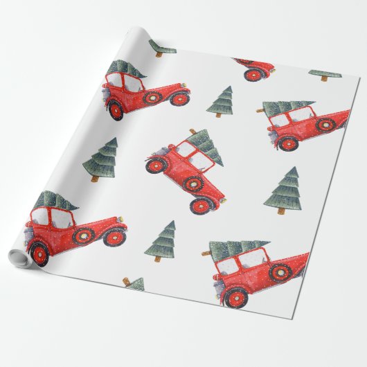 Vakantie Gift Wrap Rode Auto en Kerstboom Cadeaupapier (Uitgerold)