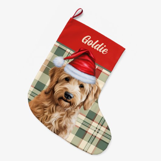 Vakantie Goldendoodle Plaid met de naam van de hon Grote Kerstsok (Voorkant (Hangend))