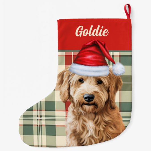 Vakantie Goldendoodle Plaid met de naam van de hon Grote Kerstsok (Achterkant)
