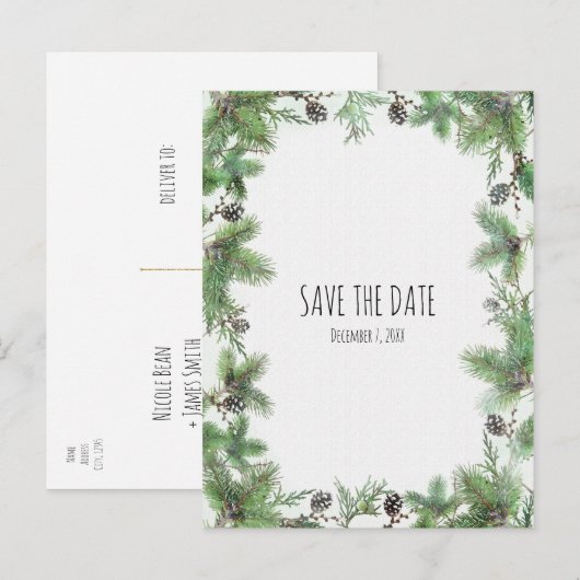 Vakantie Green & Pine Cones Winter Save The Date Aankondigingskaart (Voorkant / Achterkant)