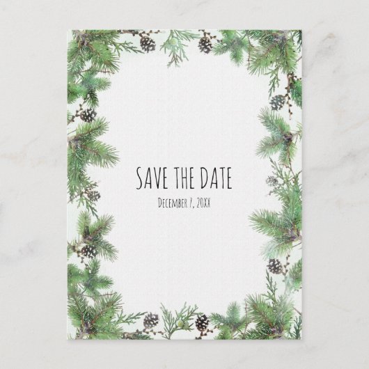 Vakantie Green & Pine Cones Winter Save The Date Aankondigingskaart (Voorkant)