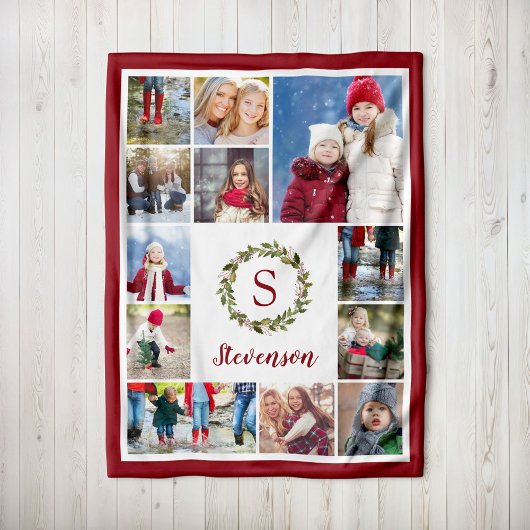 Vakantie groen krans familie monogram 12 foto fleece deken