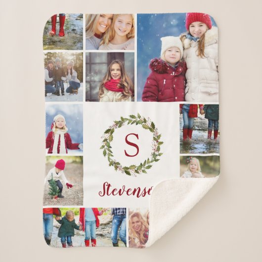 Vakantie groen krans familie monogram 12 foto sherpa deken (Voorkant)