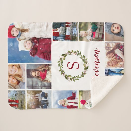 Vakantie groen krans familie monogram 12 foto sherpa deken (Voorkant (horizontaal))