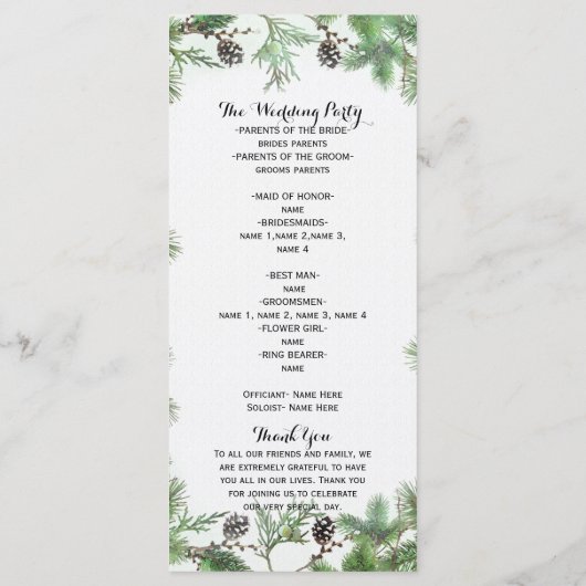 Vakantie Groen & Pine Cones Land Bruiloft Programm Programmakaart (Achterkant)