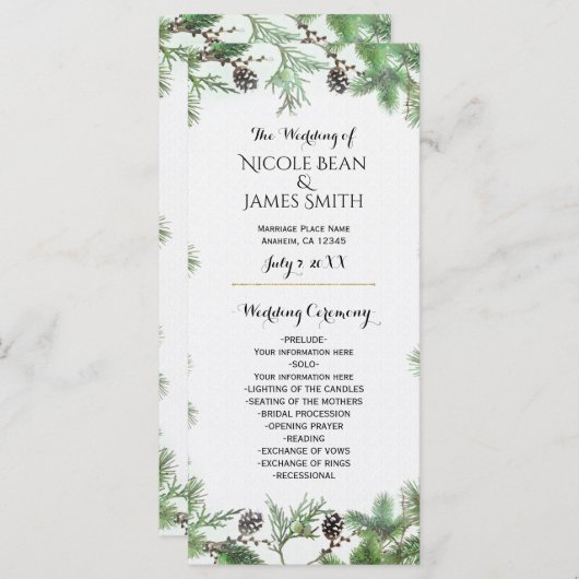 Vakantie Groen & Pine Cones Land Bruiloft Programm Programmakaart (Voorkant / Achterkant)