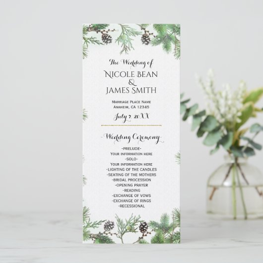 Vakantie Groen & Pine Cones Land Bruiloft Programm Programmakaart (Staand voorkant)