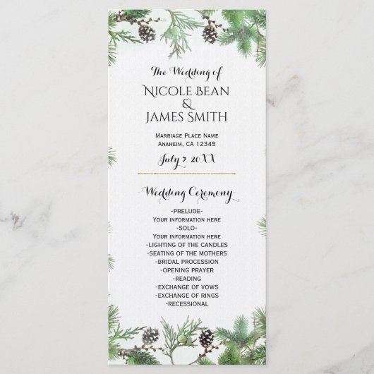 Vakantie Groen & Pine Cones Land Bruiloft Programm Programmakaart (Voorkant)