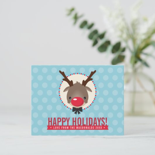 VAKANTIE GROETEN schattig rode neus rendieren rudo Feestdagenkaart (Staand voorkant)