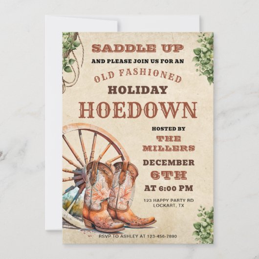Vakantie Hoedown, Westerne Uitnodiging, Kerst Cowb Kaart (Voorkant)