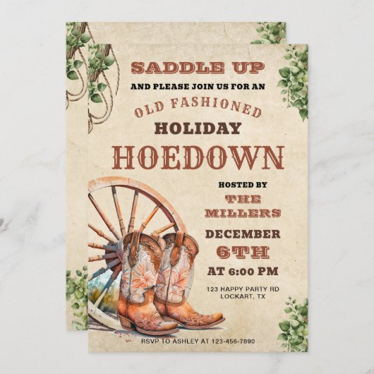Vakantie Hoedown, Westerne Uitnodiging, Kerst Cowb Kaart (Voorkant / Achterkant)