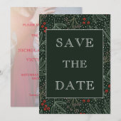 Vakantie Holly Berry Greenery Faux Vellum Foto Save The Date (Voorkant / Achterkant)