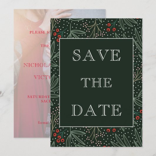 Vakantie Holly Berry Greenery Faux Vellum Foto Save The Date (Voorkant / Achterkant)