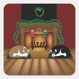 Vakantie Huskies bij de open haard Sickers Vierkante Sticker