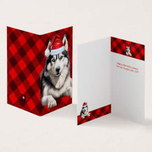 Vakantie Husky Dog Red Buffalo Plaid Kerstmis Kaart