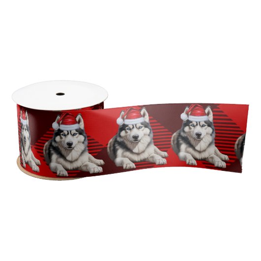 Vakantie Husky Hond op Red Buffalo Plaid Satijnen Lint (Spoel)