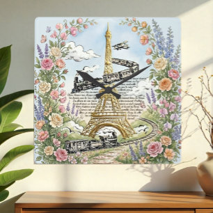 Vakantie in Parijs Klok, Eiffeltoren, Franse Kunst Vierkante Klok