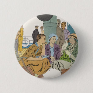 Vakantie in retrostijl, passagiers cruiseschip op  ronde button 5,7 cm