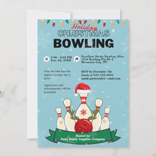 Vakantie Kerst Bowling LT Blauw Groen Sneeuwfeest Kaart (Voorkant)
