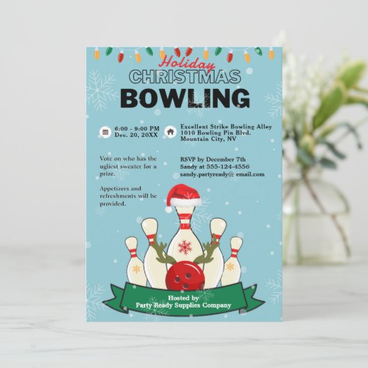 Vakantie Kerst Bowling LT Blauw Groen Sneeuwfeest Kaart (Staand voorkant)